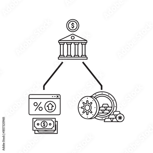 Deposit vector icon. Banking concept with financial building, open safe with gold, and online interest growth line art illustration.
