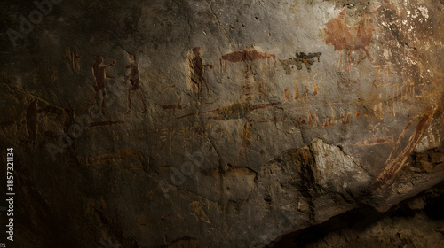 Ancient cave paintings depicting figures on a dark rock wall, showcasing prehistoric art and human history.