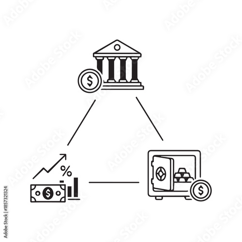 Deposit vector icon. Banking concept with financial building, open safe with gold, and online interest growth line art illustration.
