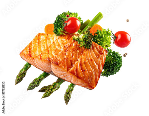 Grilled Salmon Fillet with Fresh Broccoli Asparagus and Cherry Tomatoes on a Transparent Background