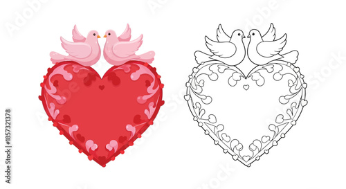 Love's Embrace: Two doves find solace atop a decorative heart in this image, exuding a message of affection, romance, and everlasting love through its symbolism. 