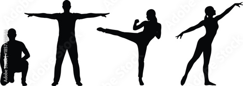 Athletic people silhouettes performing fitness and martial arts poses, strength flexibility and balance concept, active lifestyle training, black shadow figures