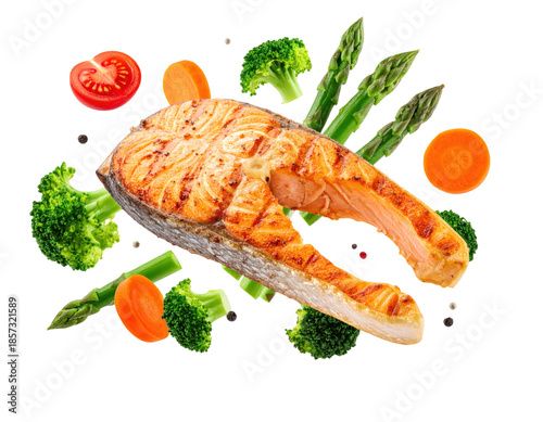 Grilled Salmon Steak Surrounded By Fresh Vegetables And Herbs On Transparent Background