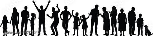Large family group silhouettes celebrating together, adults children and pets showing joy, unity and community lifestyle concept, black shadow figures