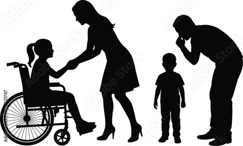 Mother supporting disabled daughter in wheelchair while father guides son, inclusive parenting and family care concept, love and responsibility, black silhouette figures