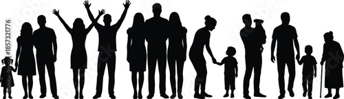 Multi generation family silhouettes standing together, parents children and grandparents showing unity, support and love, community lifestyle concept, black shadows