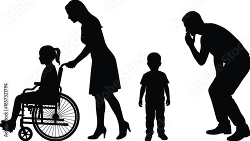 Parents caring for children silhouettes, family support and guidance concept, disability inclusion and emotional connection, everyday parenting moments, black shadow figures