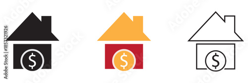 Real Estate Finance and Property Deal Icons. House for sale and home for rent icons. online payment contract valuation.