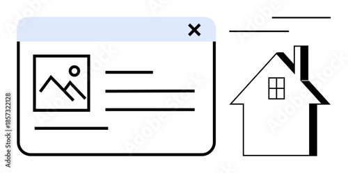 Online property search, digital marketing, real estate services, home browsing, website interface, housing. Web page layout alongside house outline. Online property search and digital marketing