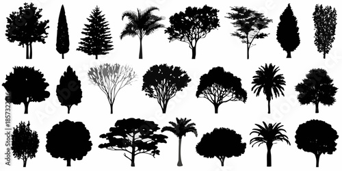 Collection of various tree silhouettes against a plain white background