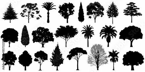 Collection of various tree silhouettes in black and white vector style