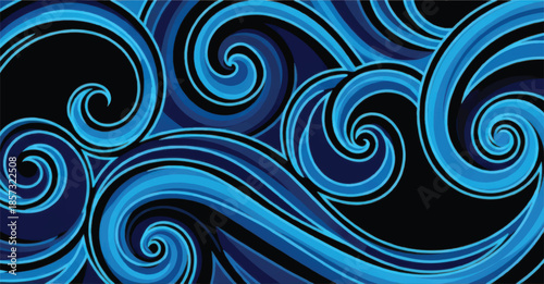 Abstract blue waves pattern on black, dynamic swirling fluid motion background graphic.