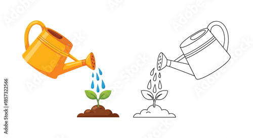 Nurturing Growth: A Watering Can's Generosity: A vibrant illustration showcasing the nurturing process of plant growth, with a watering can providing life-giving hydration to a young sprout.