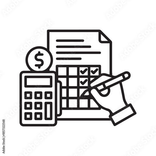 Financial accounting icon with budget calculator and hand writing on document report, vector line art illustration.
