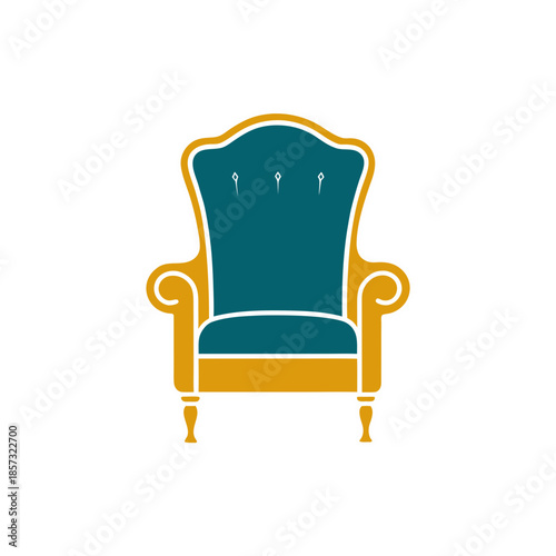 Illustration of an ornate teal and gold chair on transparent background silhouette