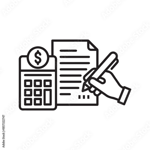 Financial accounting icon with budget calculator and hand writing on document report, vector line art illustration.
