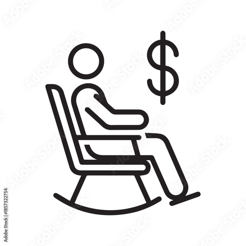 Retirement pension concept icon with person sitting on rocking chair and dollar sign, linear vector illustration.
