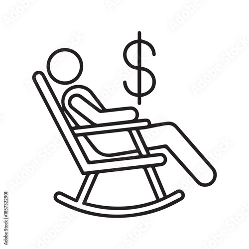 Retirement pension concept icon with person sitting on rocking chair and dollar sign, linear vector illustration.
