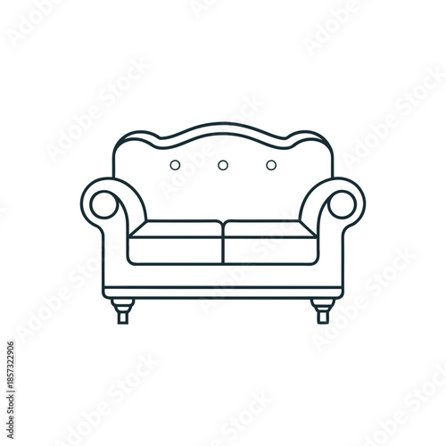 Illustration of a small ornate sofa outline on transparent background silhouette