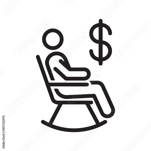 Retirement pension concept icon with person sitting on rocking chair and dollar sign, linear vector illustration.
