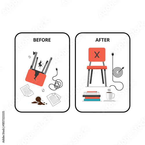 Before and after comparison showing a messy workspace with a router, spilled coffee, and tangled cables versus an organized space with a chair, coiled cables, and books.