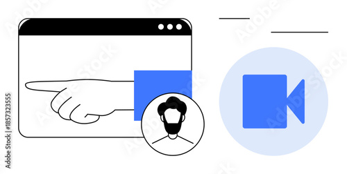 Video conferencing, online meetings, collaboration, teamwork, instructions, user profiles. A hand pointing inside a web browser, user avatar and video call icon. Video conferencing and online