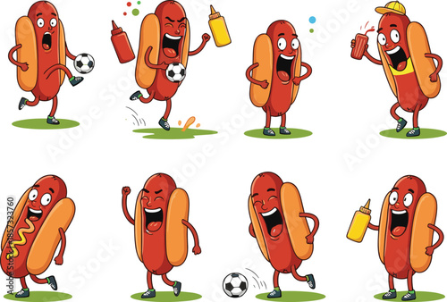 Funny hot dog cartoon characters playing soccer, ketchup and mustard, happy fast food mascots, comic style illustration 