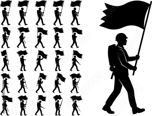 Set of black silhouettes of soldiers marching while carrying large waving flags and wearing backpacks isolated on a white background,