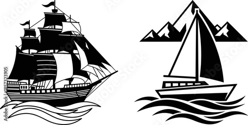Black and white vector illustration of vintage sailing ship with multiple masts and modern sailboat on waves near mountains,