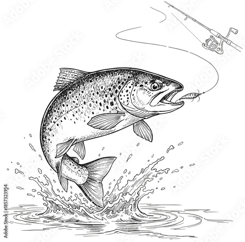 Black and white line art illustration of a spotted trout jumping out of water to catch a fishing lure hook,