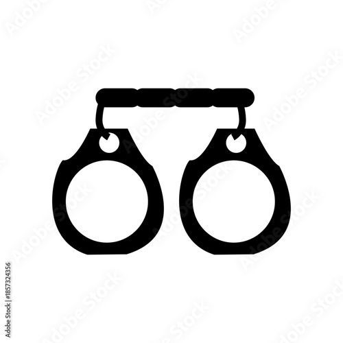 Black vector icon of metal handcuffs connected by a chain. Minimal flat design representing law enforcement, arrest, justice, crime prevention, and security.