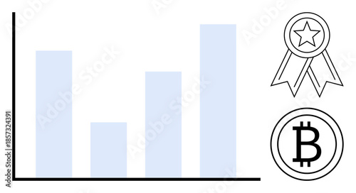 Business progress, cryptocurrency, financial growth, market trends, blockchain, digital rewards. Bar graph with award ribbon and Bitcoin symbol. Financial growth and cryptocurrency concept