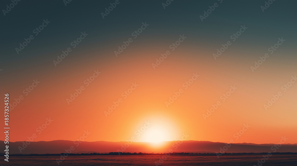 Obraz premium Minimal sunset landscape panorama with warm sky gradients and empty horizon, calm inspirational mood, wide copy space