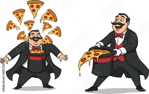 Funny magician pulling pizza slices from hat, cartoon character performing magic tricks, happy entertainer, magic show, pepperoni pizza, comic style illustration, CAD drawing