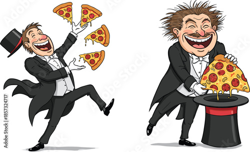 Funny magician juggling pizza slices, cartoon character performing magic tricks, happy entertainer, magic hat, delicious pepperoni pizza, comic style illustration, CAD drawing