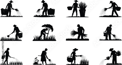 Gardening, farming, agriculture, silhouettes, workers, tools, planting, harvesting, watering, s