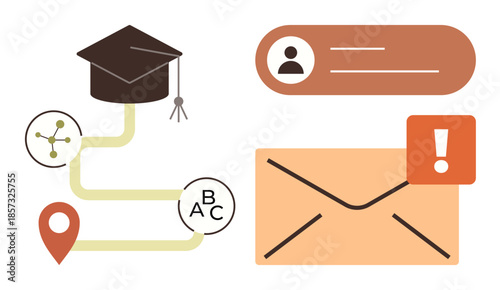 Graduation cap, learning path with icons, email with alert, user profile. Ideal for education, e-learning, online courses, digital communication, workflow notifications simple flat metaphor