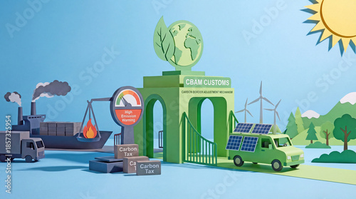 3D Render of Carbon Border Adjustment Mechanism CBAM Customs Gate Transitioning Dirty to Clean Transport
