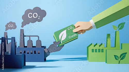 Paper Craft Concept of Carbon Credit Trading Handshake Between Pollution Factory and Green Finance
