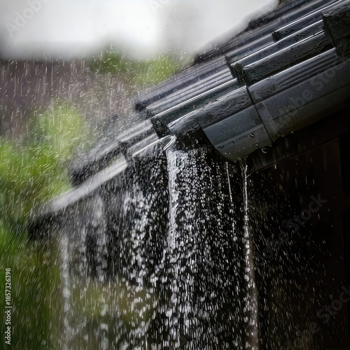Close-up of water cascading from a rain gutter during a downpour