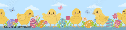 Adorable Chicks with Easter Eggs Vector Illustration