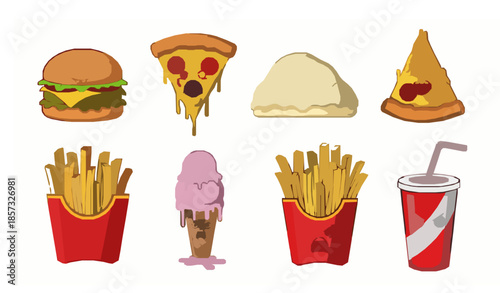 Cartoon unhealthy fast food characters vector set symbolizing obesity and diet risk