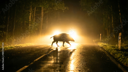 Dramatic nighttime photograph captures the silhouette of a wild boar crossing a wet, illuminated forest road directly into bright vehicle headlights.