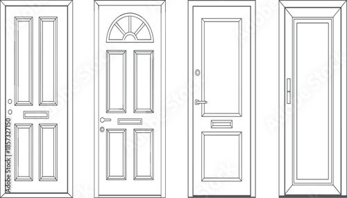 A Four-Panel Set of Detailed Black Line Art Illustrations Featuring Various Exterior Residential Door Styles with Handles, Locks, and Mail Slots.