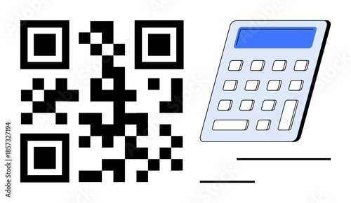 Digital payments, data management, financial calculation, technology integration, e-commerce, business efficiency. A QR code beside a calculator. Digital payments and data management concept