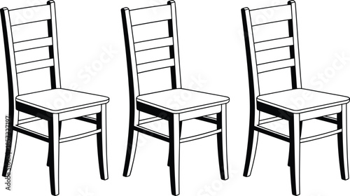 A Three-Panel Set of Black and White Line Art Illustrations Featuring Traditional Ladder-Back Wooden Dining Chairs in a Three-Quarter Perspective.