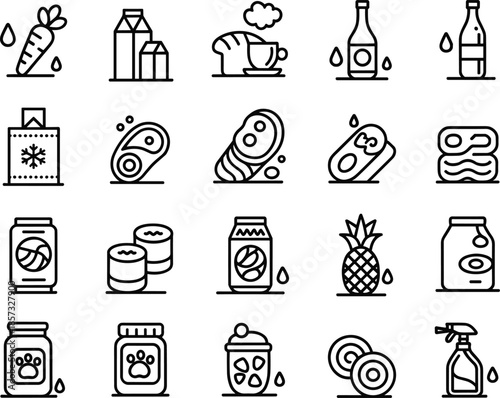 Grocery food and drink icon set, packaging, dairy, meat, pet food, beverages, kitchen items, line art vector illustration