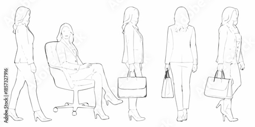 Fashion sketches of women in professional attire showcasing various poses and outfits