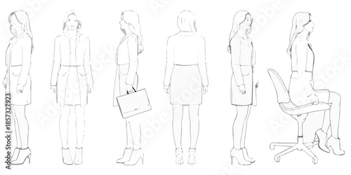 Fashion illustration series depicting women in various poses and outfits