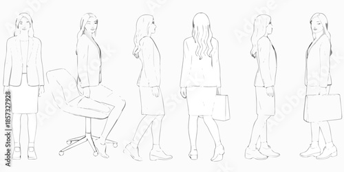 Fashion design sketch of a woman in a blazer and skirt viewed from multiple angles